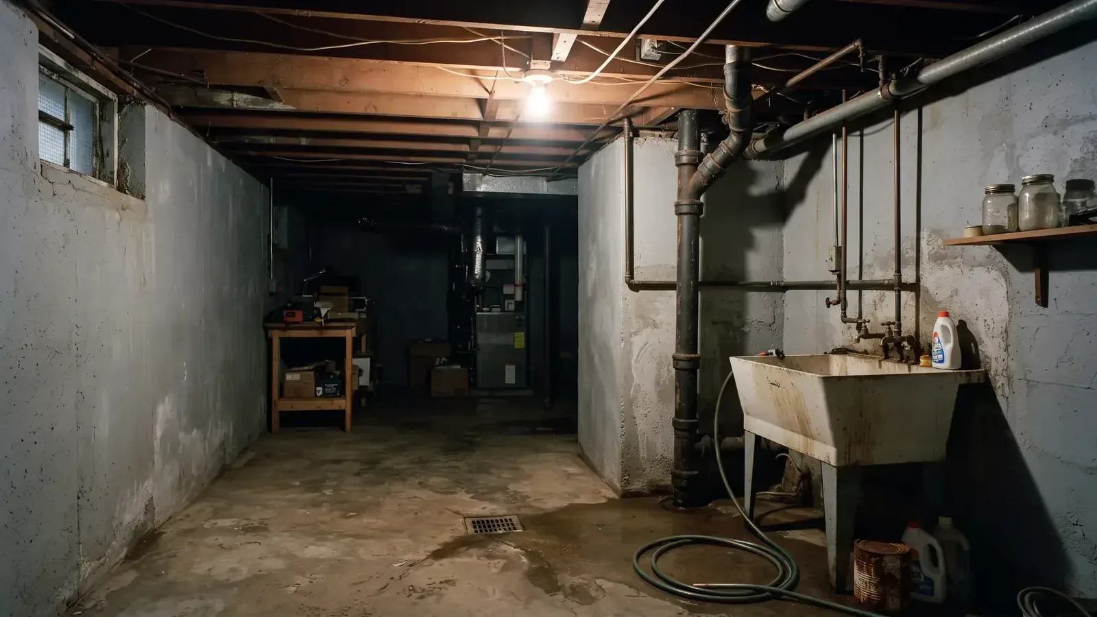A south-suburban basement with its plumbing runs exposed