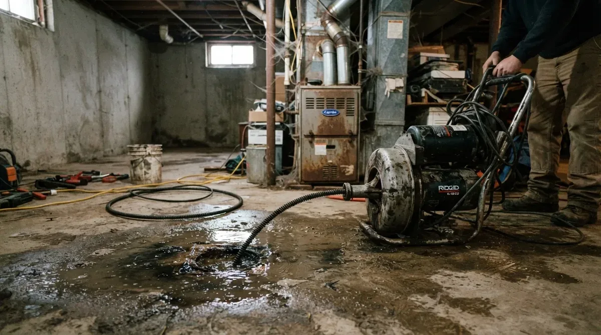 A basement floor drain backed up, drain machine alongside