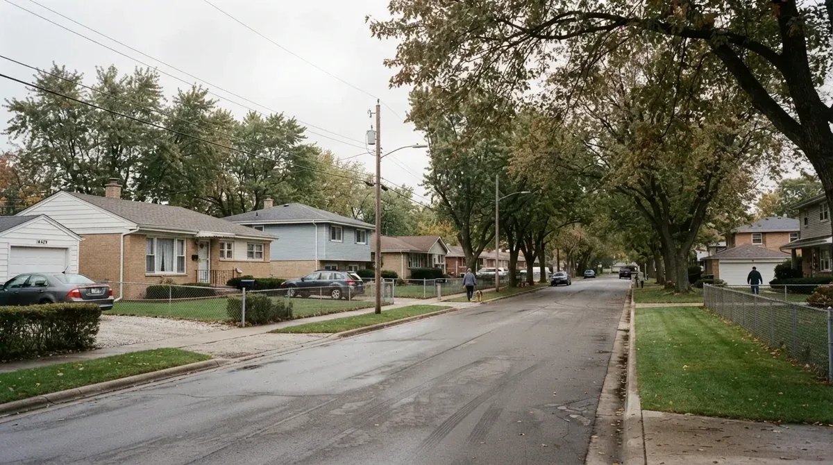 A mid-century residential street of ranches and split-levels